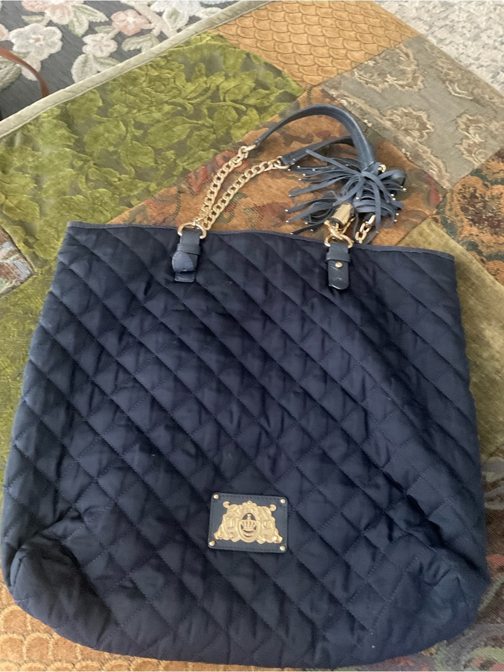 Y2K Juicy Couture Quilted Navy Tote with Gold Hardware